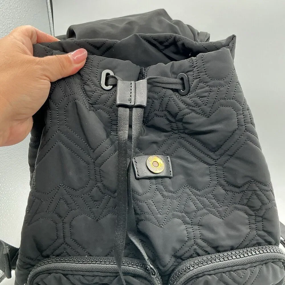 Kate Spade Black Quilted Heart Nylon Backpack Drawstring Front Pockets